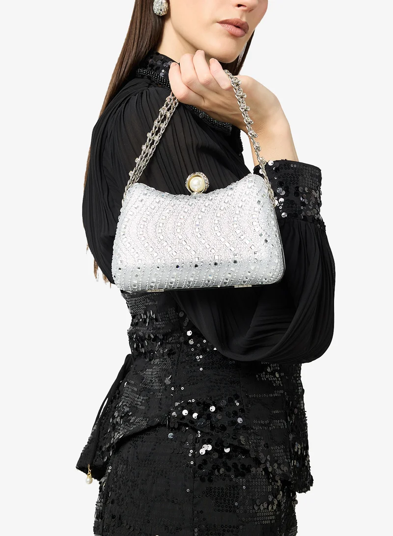 Khizana Silver Silver Rhinestone Embellished Detailed Chain Bag for Women | Best Price UAE